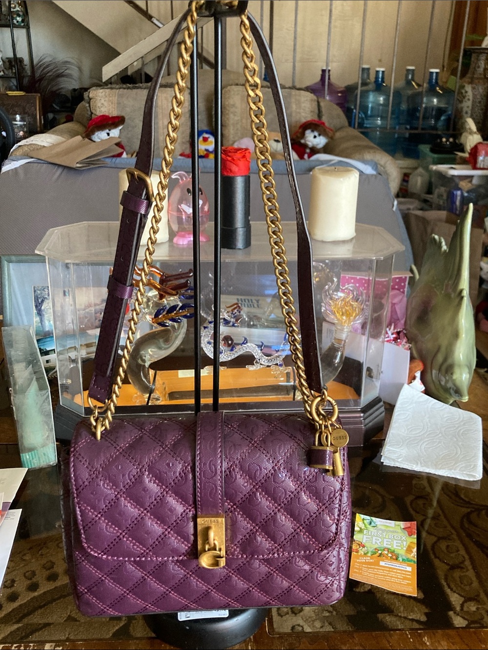 Guess Quilted Plum Shoulder Bag with Gold Hardware